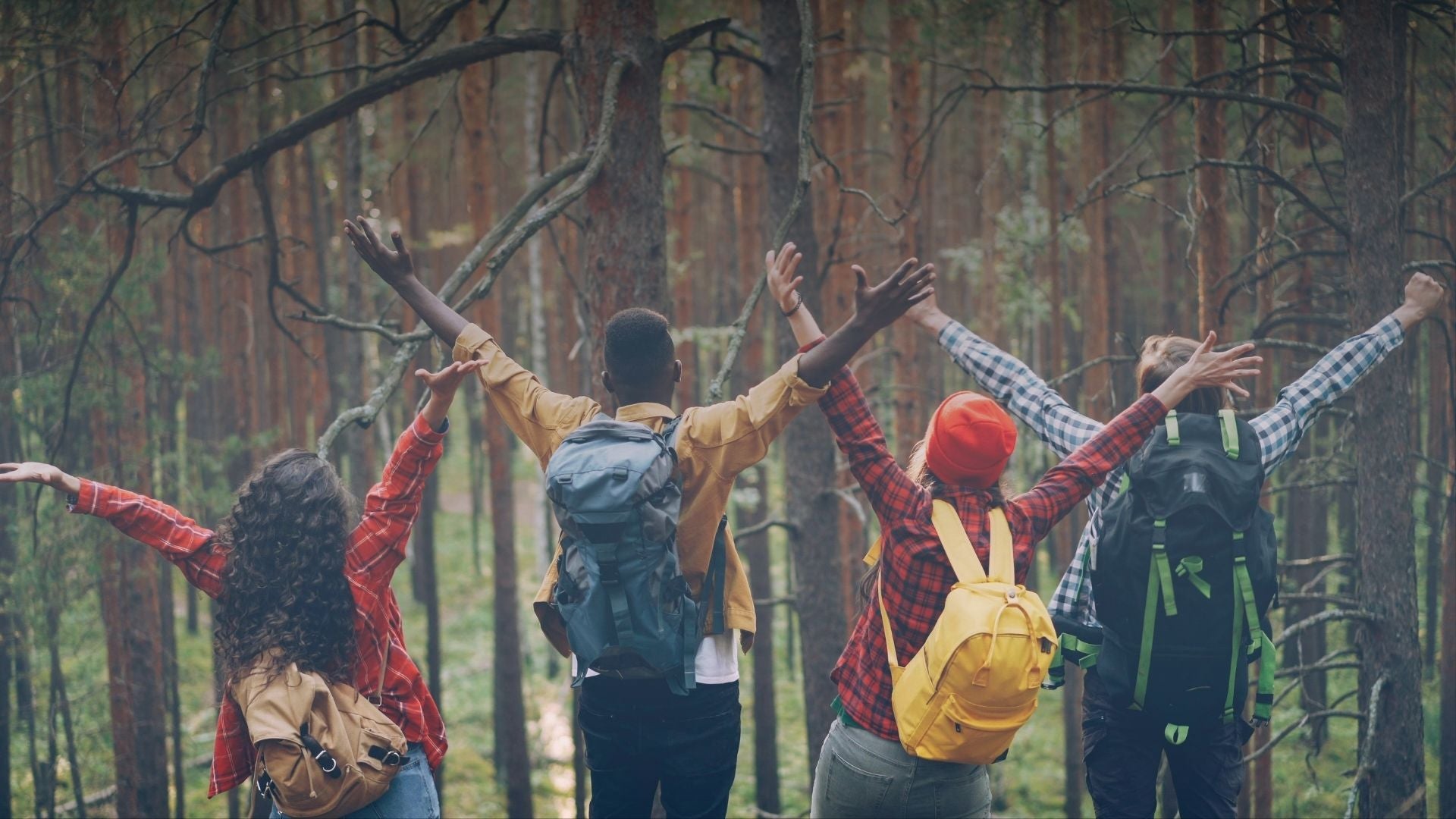 Group of people with backpacks standing in a forest, holding hands.