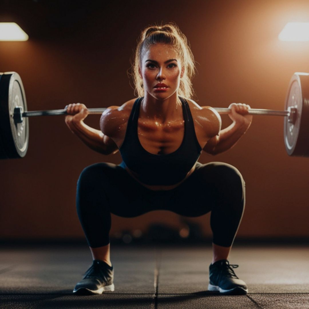 Woman performing a squat with a barbell in a gym setting