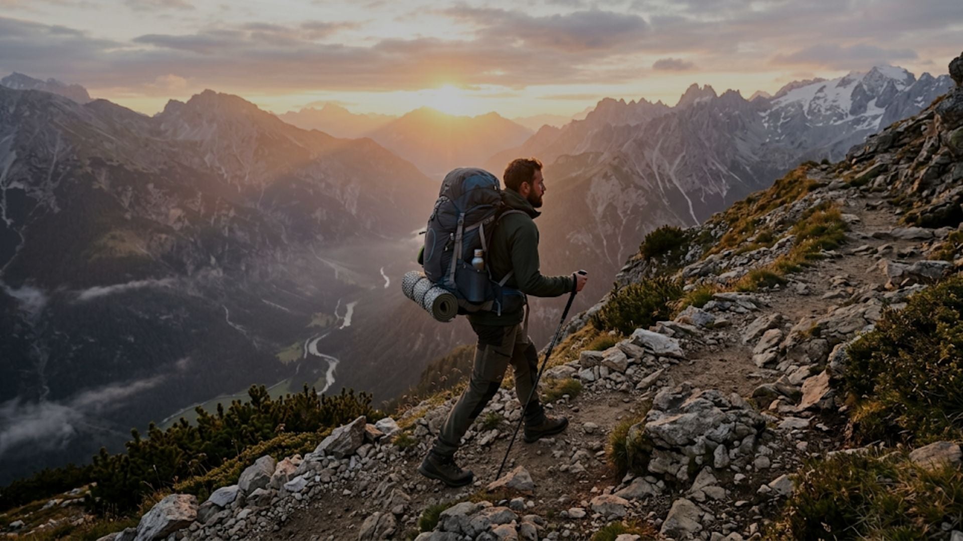 Hiker with backpack walking on a mountain trail during sunset