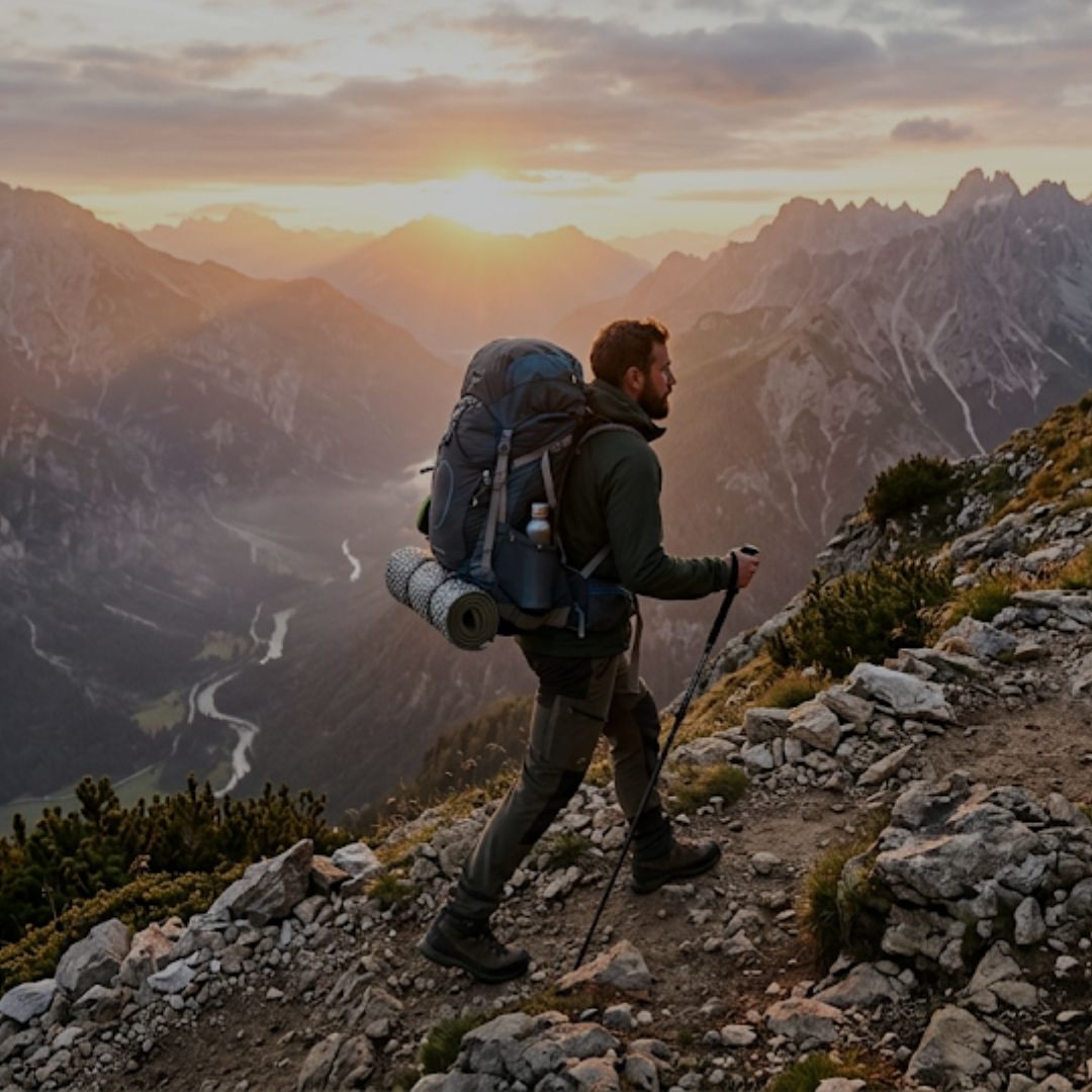 Hiker with a backpack walking on a mountain trail at sunset.