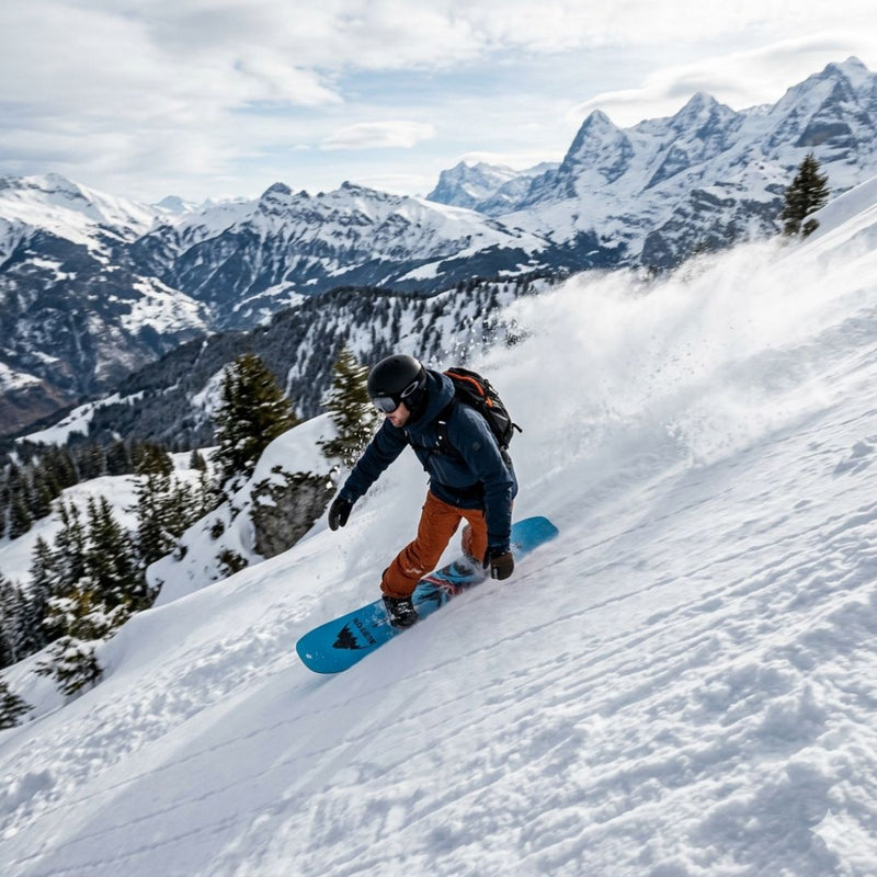Person snowboarding down a snowy mountain with mountains in the background